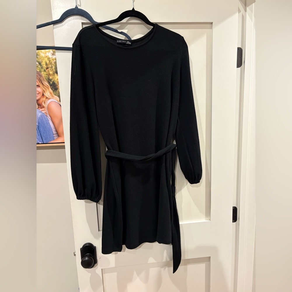 Black Tape_ Black Long-Sleeve Belted Dress